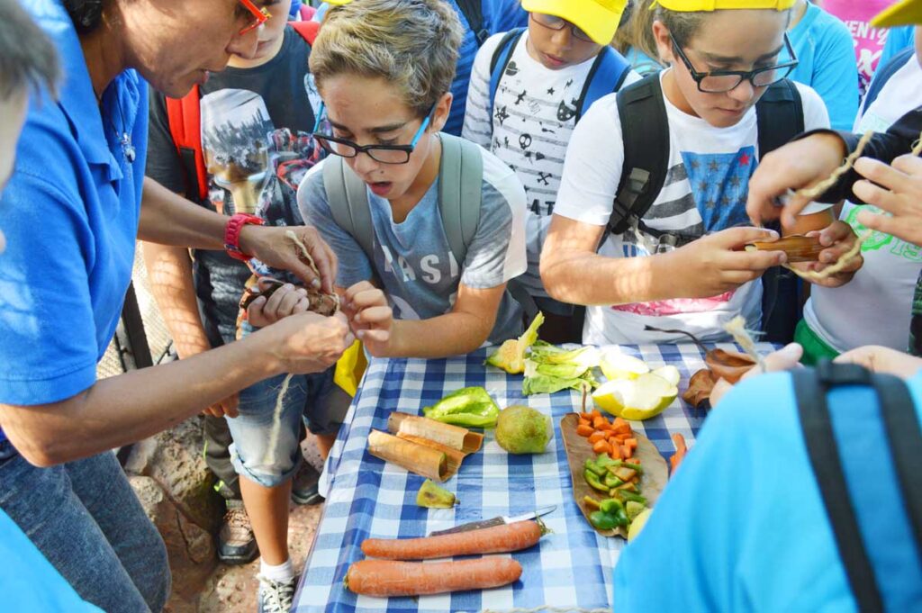 La monitora ayuda a los alumnos a preparar los paquetes sorpresa para los pájaros