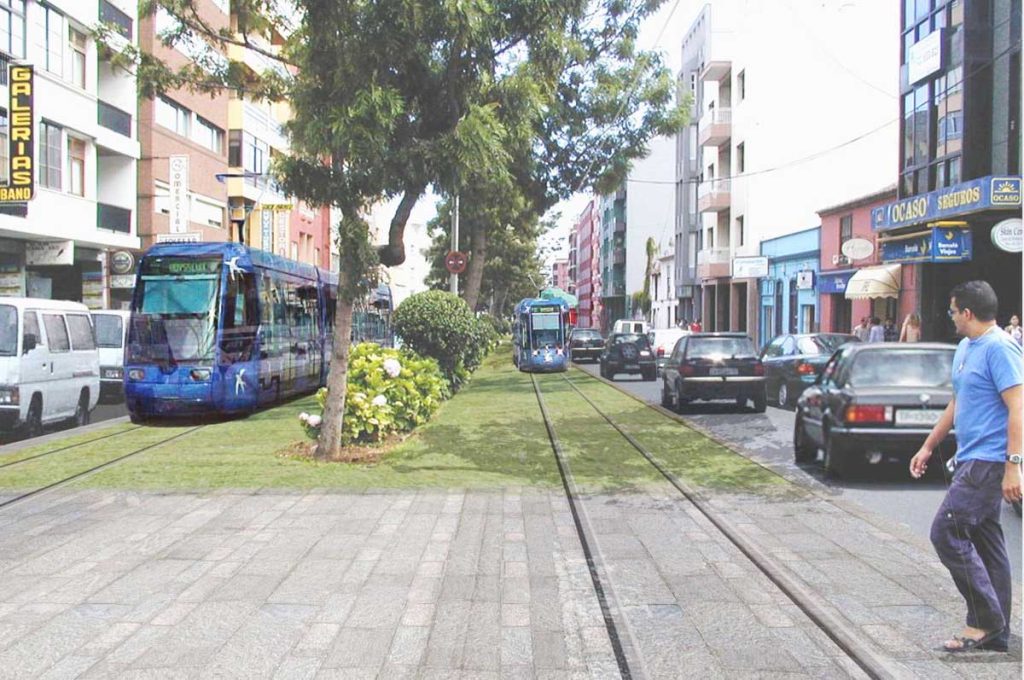 La infografía muestra el futuro tranvía tinerfeño en la Avenida Trinidad de La Laguna  